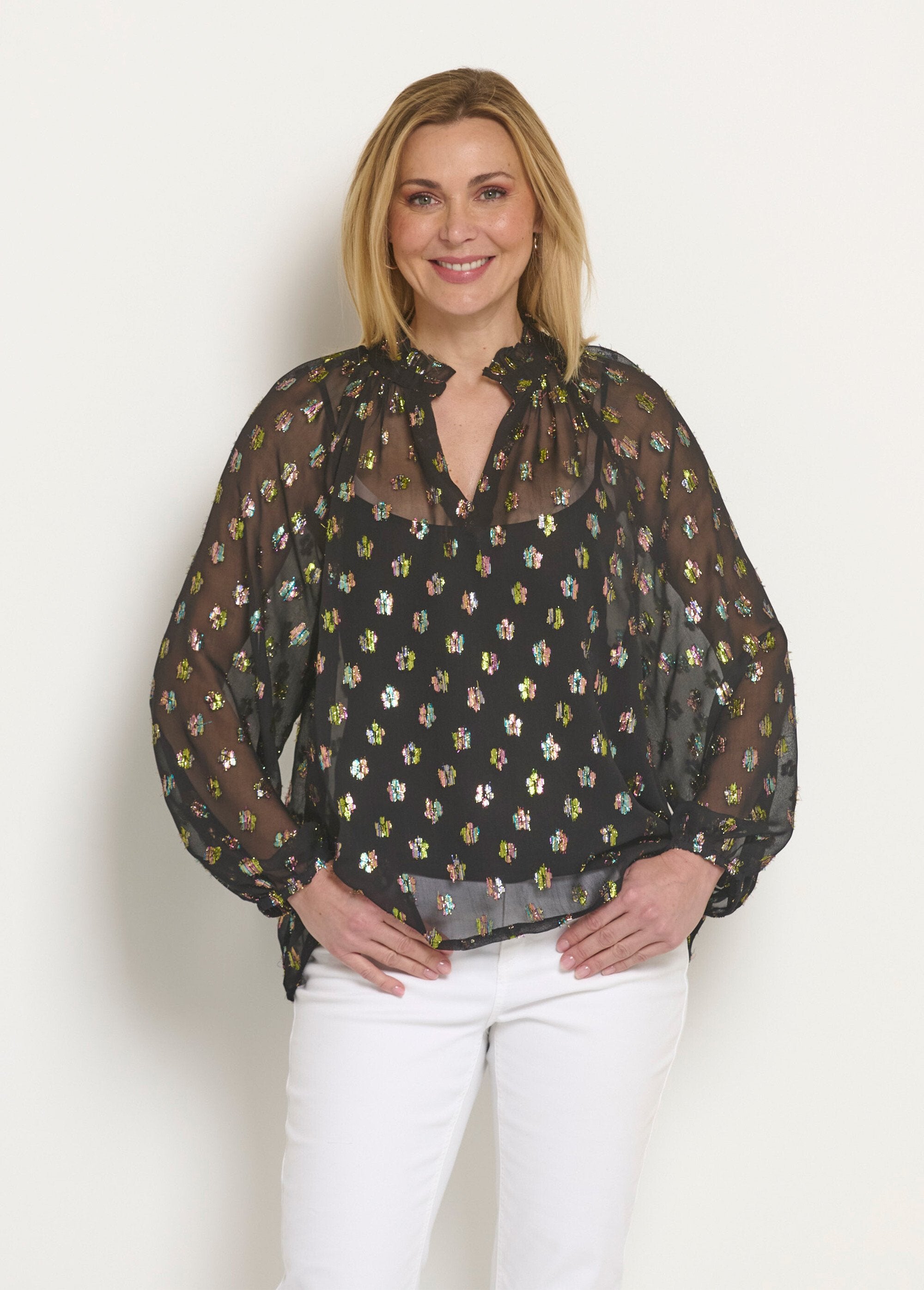 Metallic_patterned_voile_blouse_with_V-neck_Black_FA1_slim