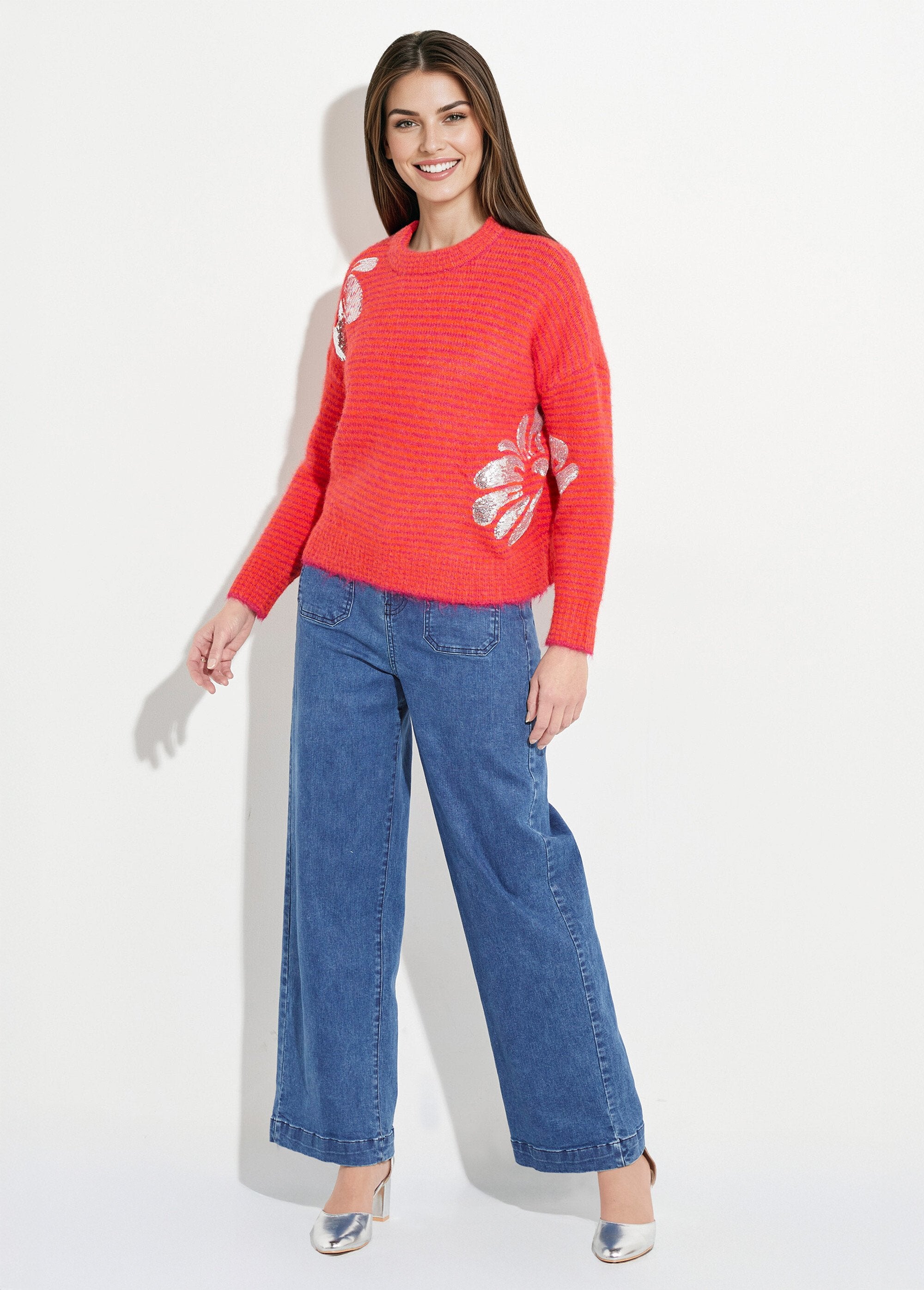 Pull_chaud_rayé_avec_laine,_motifs_fleur_Rose_et_orange_SF1_slim