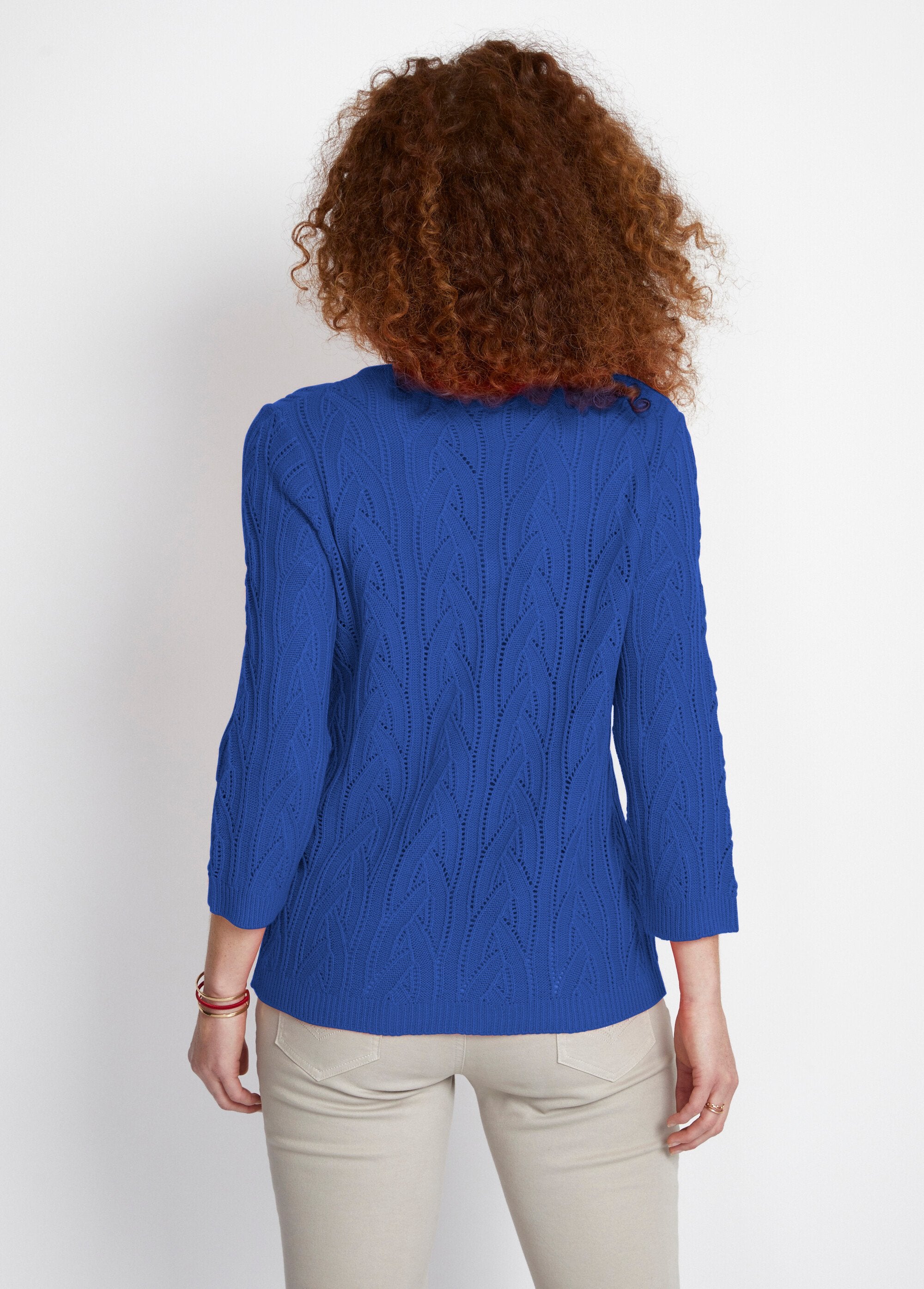 Pull_col_V_manches_3/4_maille_ajourée_Bleu_DO1_slim