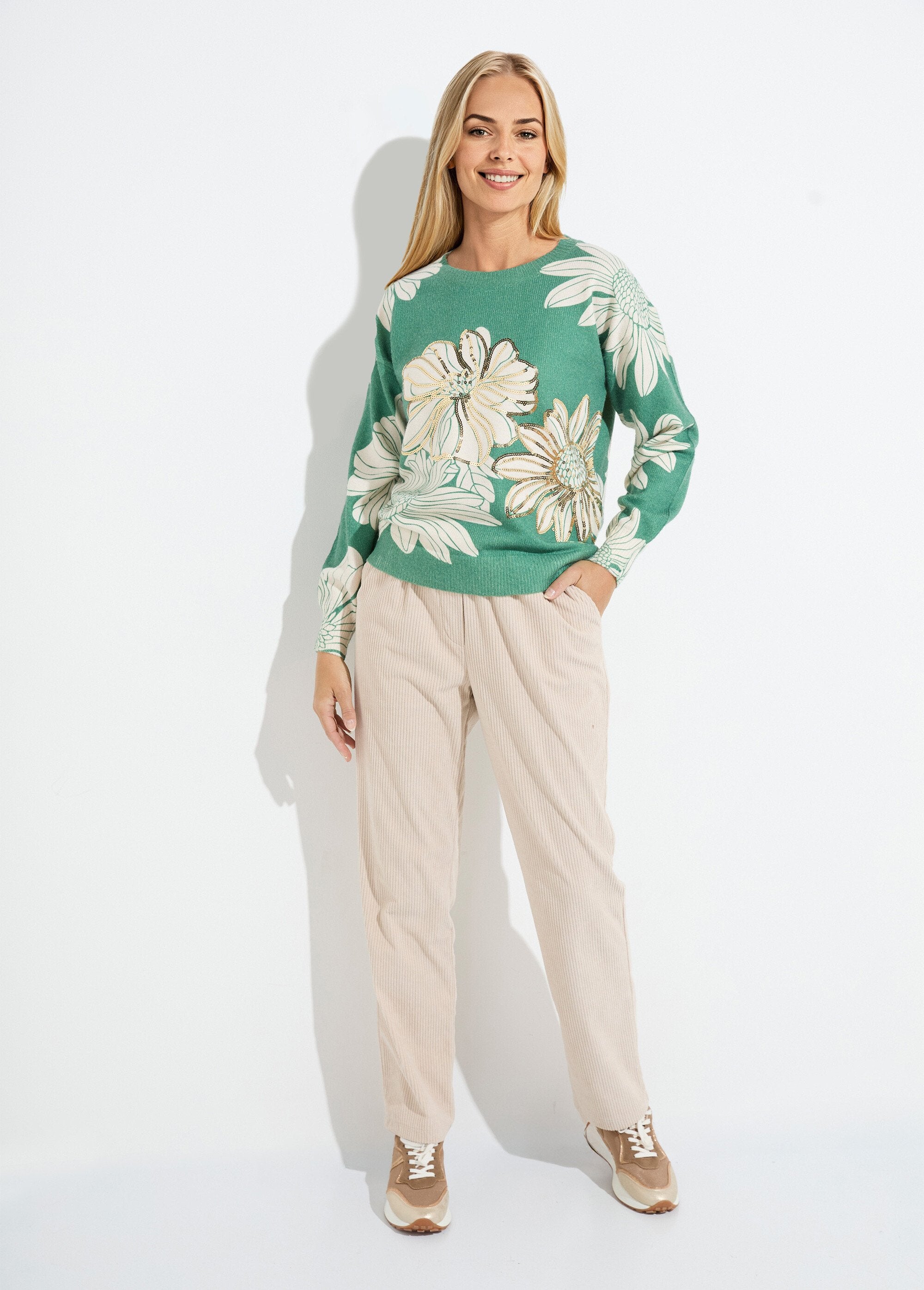 Pull_fin_imprimé_fleurs_sequins_col_rond_Vert_SF1_slim