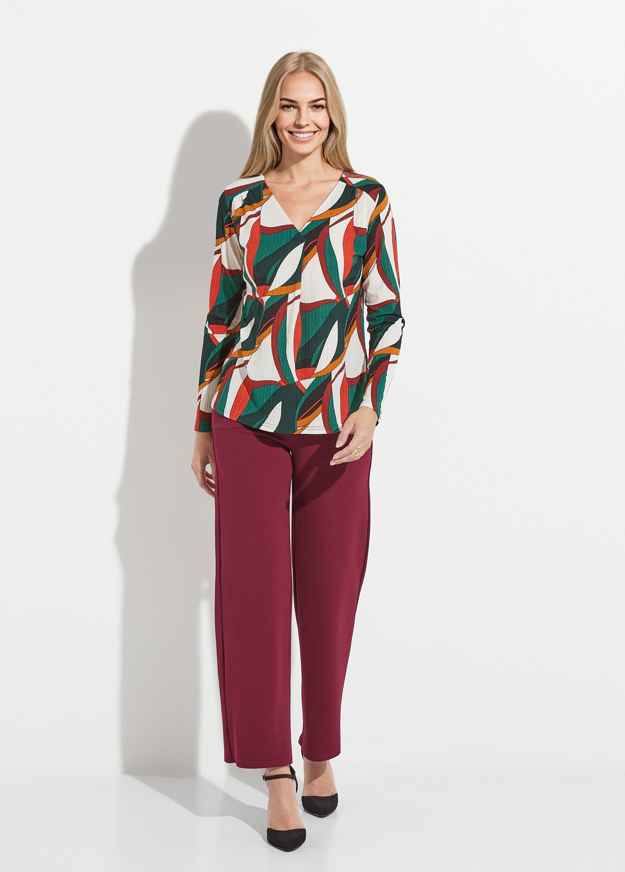 V-neck_flared_T-shirt_with_multicolored_graphic_print_Green_print_SF1_slim