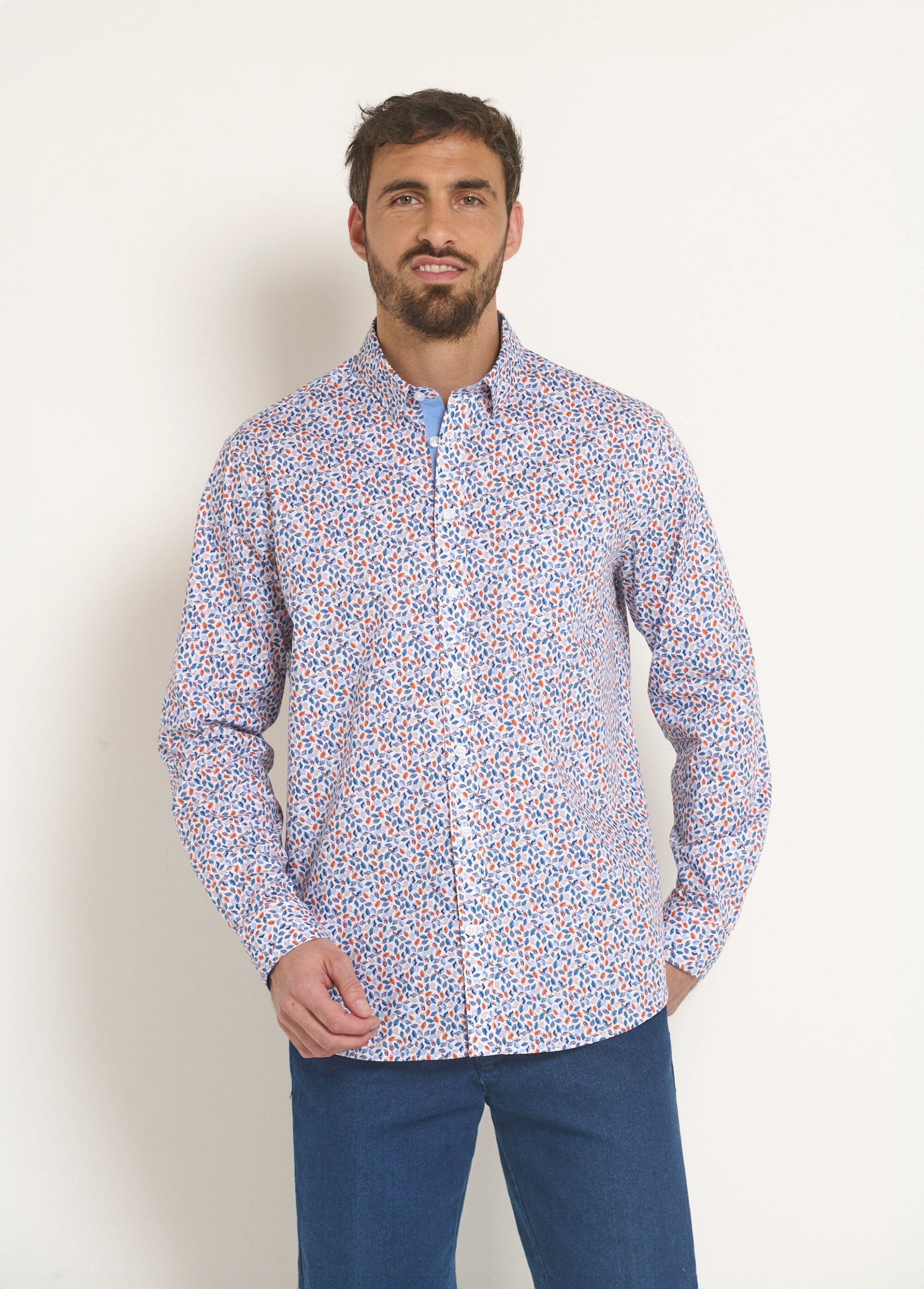 Printed_poplin_fancy_shirt_Orange_and_blue_FA1_slim