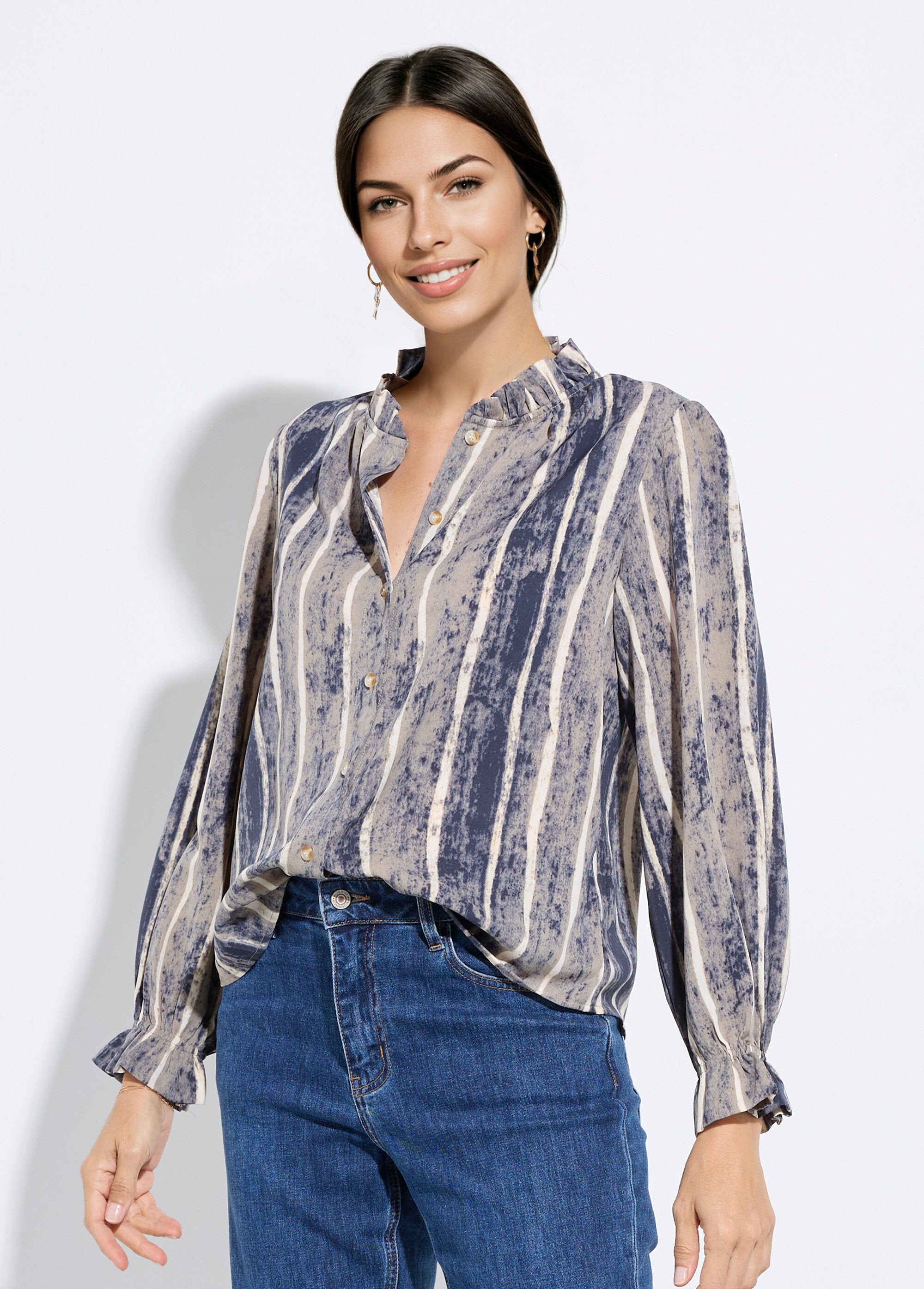 Pleated_high_neck_blouse_with_striped_print_Gray_and_ecru_FA1_slim