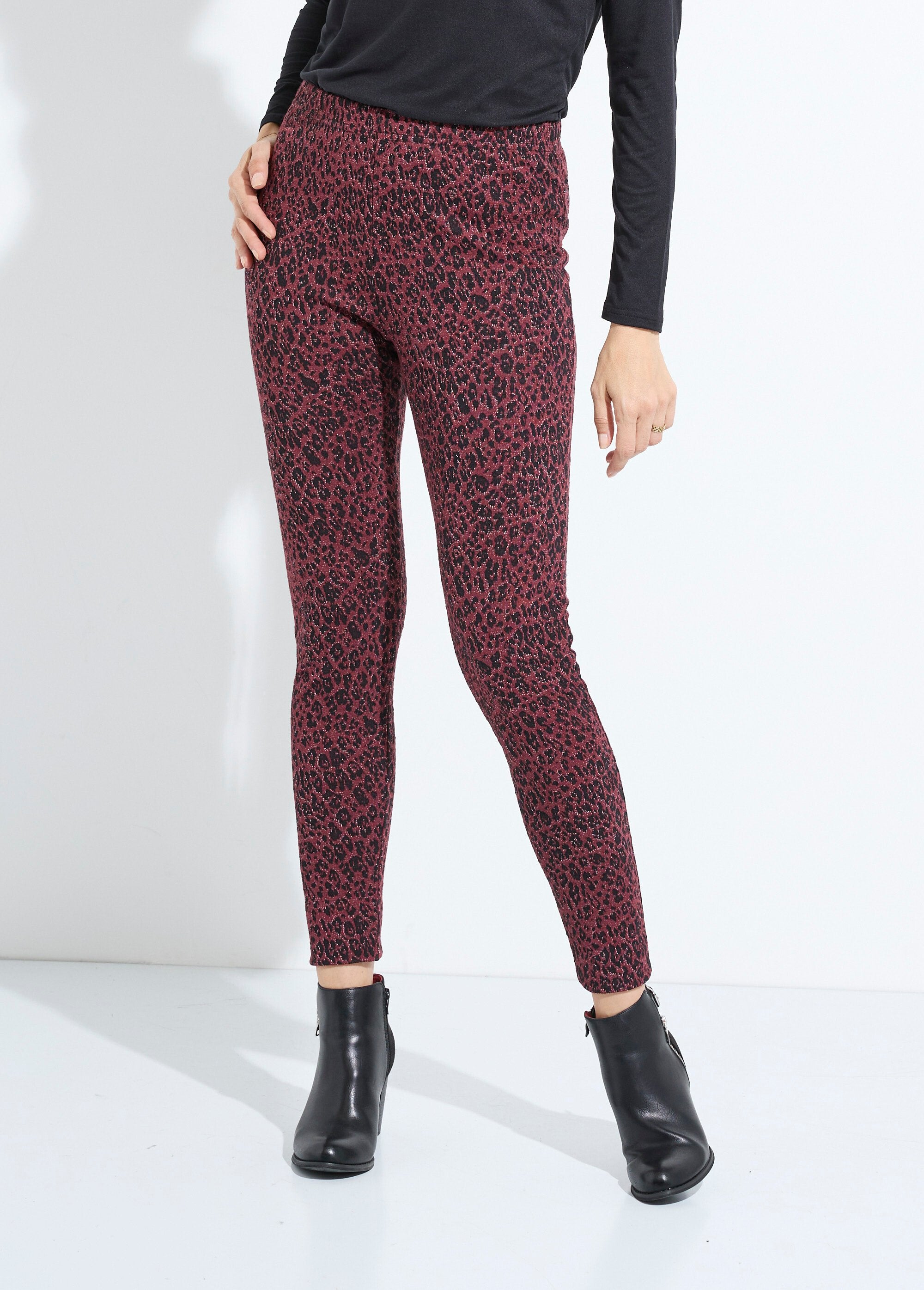 Legging_jacquard_peau_de_bête_taille_élastiquée_Cassis_et_noir_FA1_slim