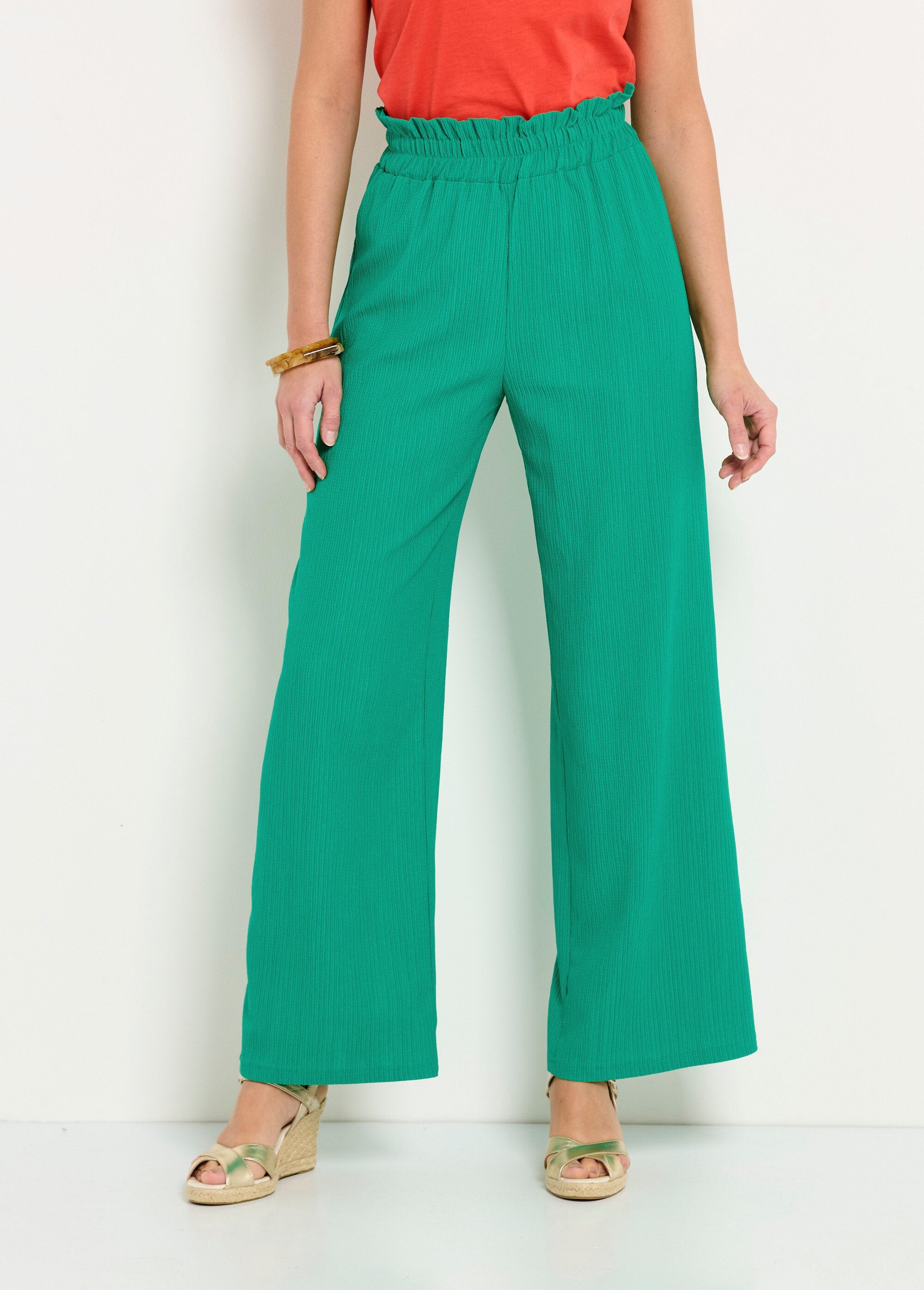 Pantalon_vert_large_taille_élastiquée_maille_relief_Vert_FA1_slim