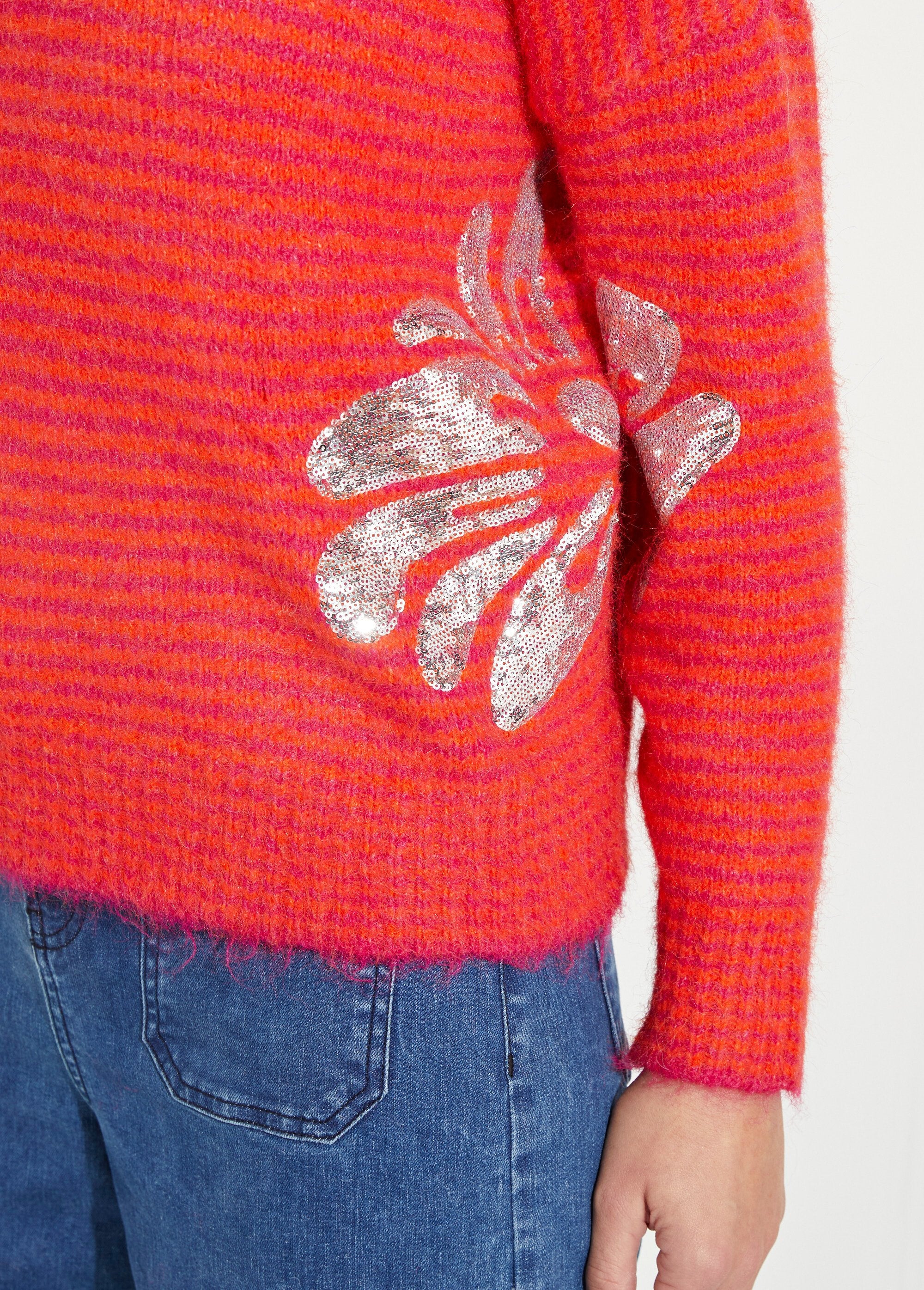 Pull_chaud_rayé_avec_laine,_motifs_fleur_Rose_et_orange_DE2_slim