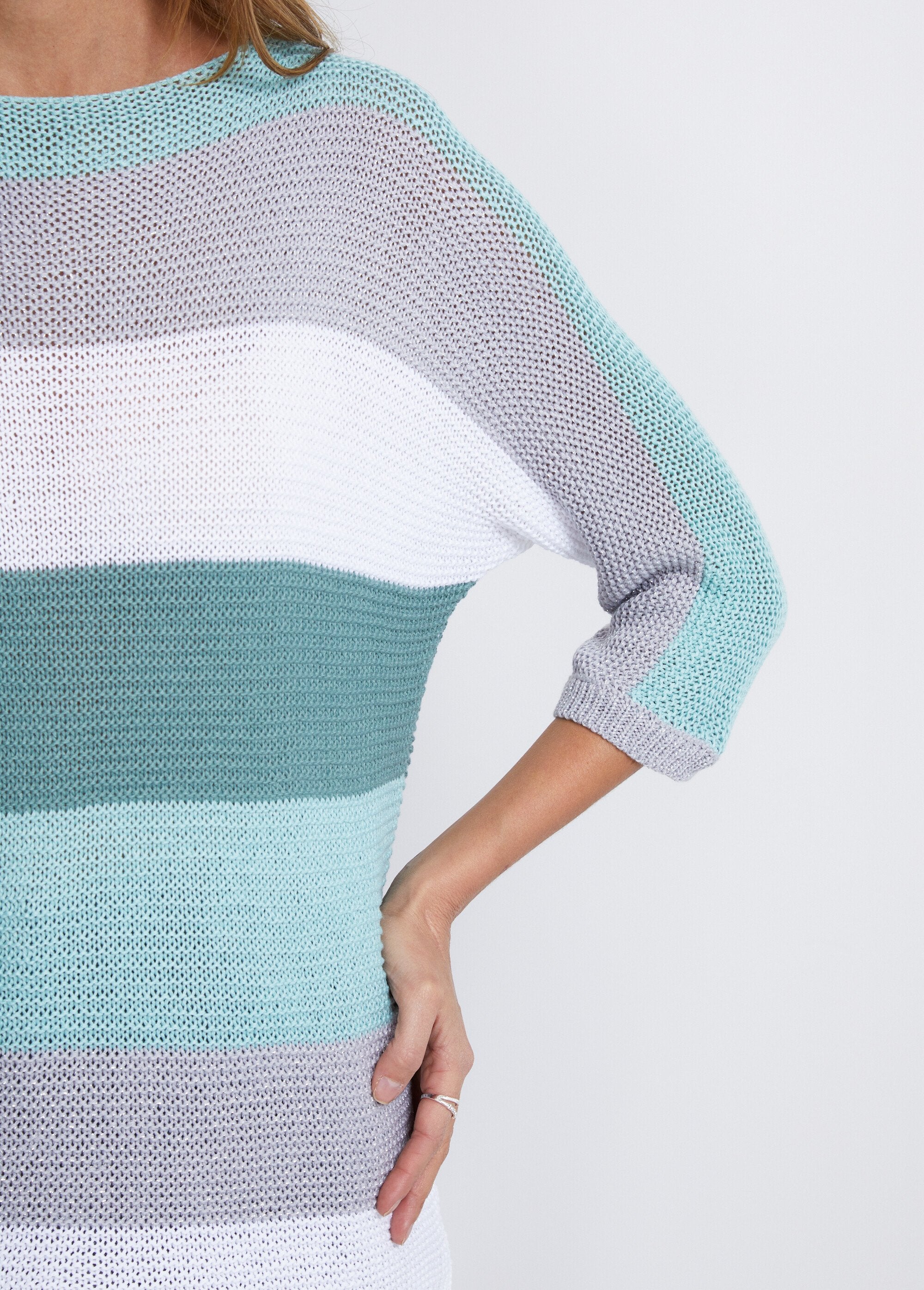 Striped_3/4_sleeve_garter_stitch_sweater_Aqua_and_grey_DE3_slim