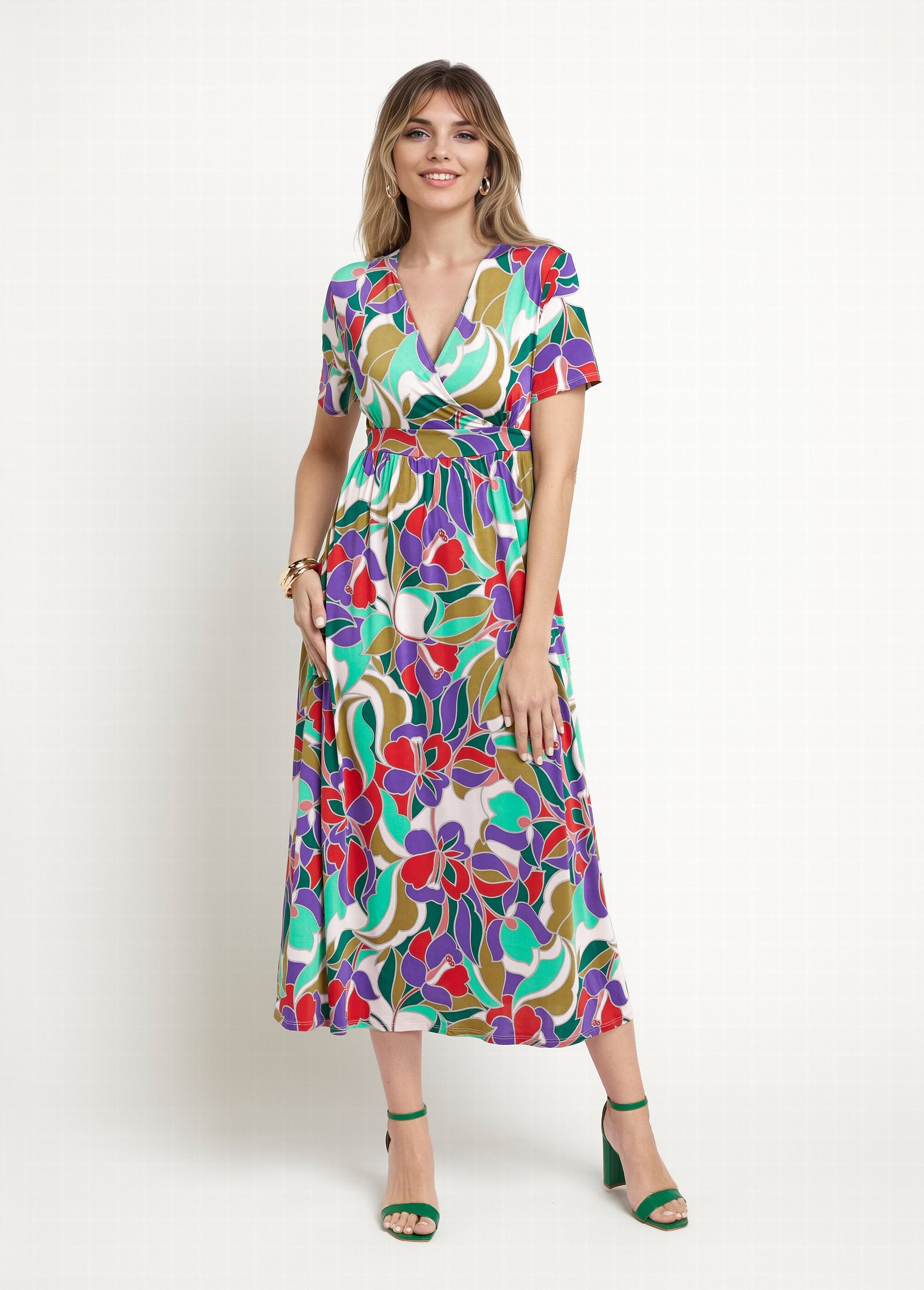 Long_dress_with_short_sleeves,_graphic_floral_Purple_and_green_print_FA1_slim