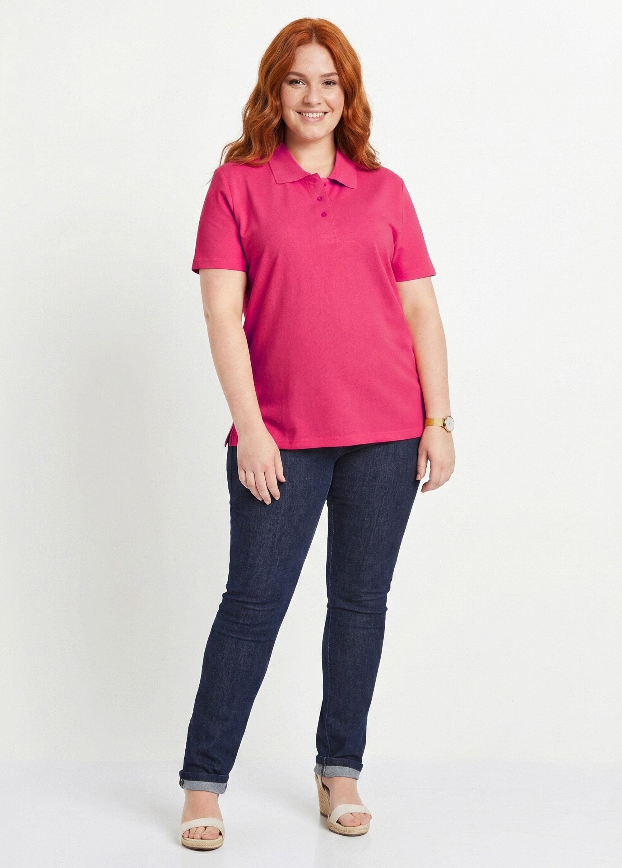Cotton_piqué_knit_t-shirt_with_polo_collar_Fuchsia_SF1_curvy