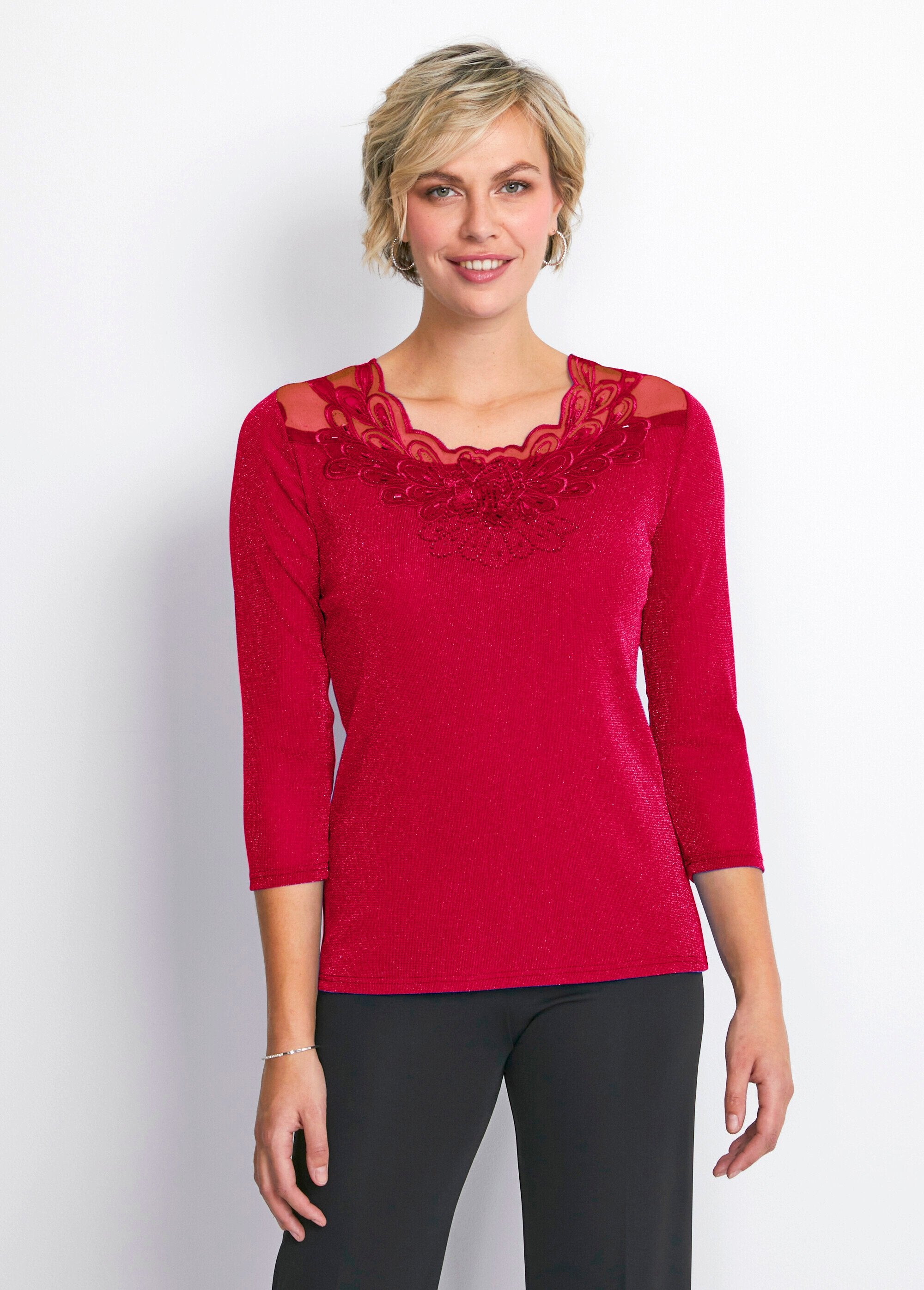 Shiny_embroidered_3/4_sleeve_t-shirt_Red_FA1_slim