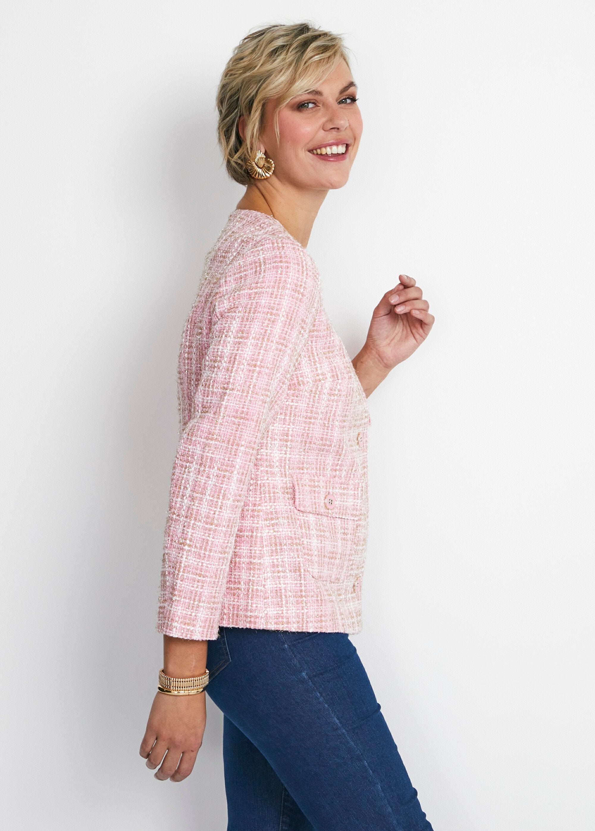 Collarless_short_jacket_in_tweed-effect_fabric_Pink_and_gold_DR1_slim